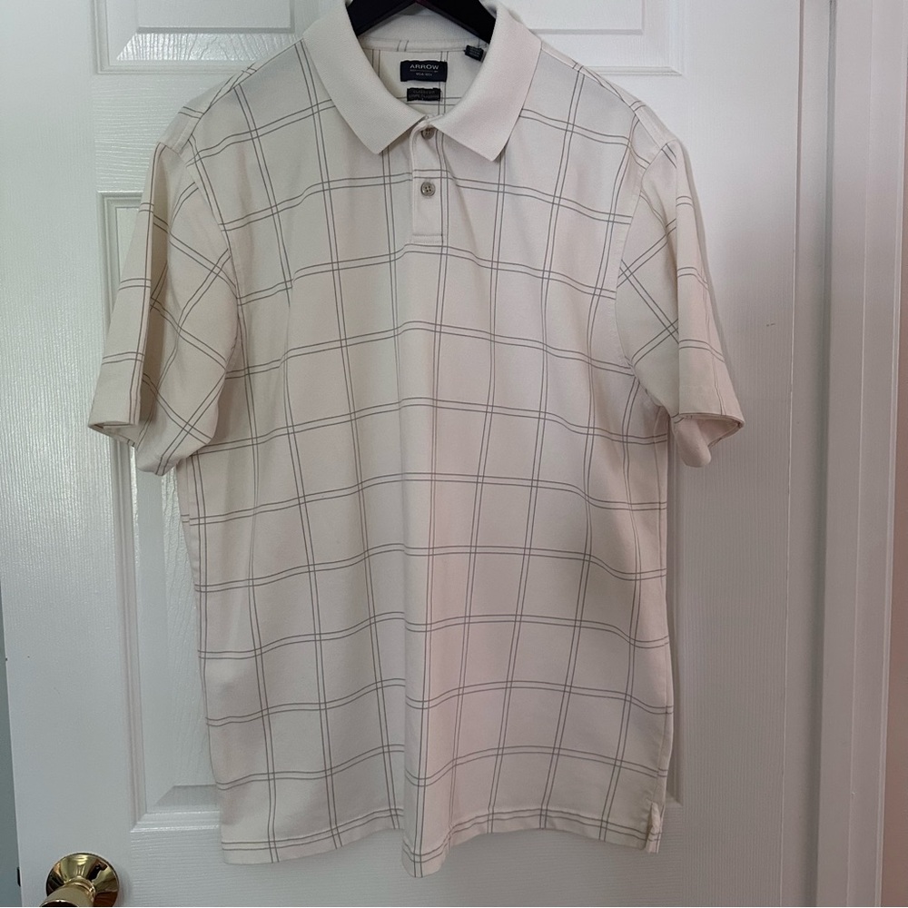 Arrow Men’s Polo Shirt Ivory Classic Fit Size Large Cotton Blend Short Sleeve